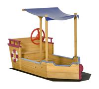 Outsunny Arenero de madera con forma de barco pirata - vela de sombra, caja de almacenamiento y timón - Madera de pino prefabricada Aosom España