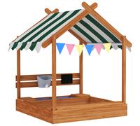 Outsunny Arenero Infantil con Toldo 6 Banderines 2 Bandejas Grifo y Pizarra en Forma de Casa para Patio 124x116x146 cm Naranja