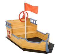 Outsunny Arenero Infantil de Madera Diseño de Galeón con 2 Escalones Banco con Almacenaje Bandera y Timón Cajón de Arena Aosom España