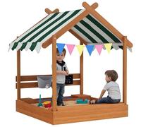 Outsunny Arenero para Niños de Madera, Arenero Infantil en Forma de Casa con 2 Asientos, Toldo, 6 Banderines, 2 Bandejas Extraíbles, Grifo y Pizarra, para Patio, Jardín, 124x116x146 cm, Naranja