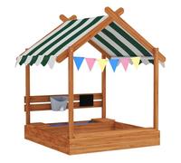 Outsunny Arenero para Niños de Madera, Arenero Infantil en Forma de Casa con 2 Asientos, Toldo, 6 Banderines, 2 Bandejas Extraíbles, Grifo y Pizarra, para Patio, Jardín, 124x116x146 cm, Naranja