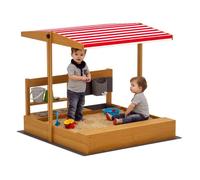 Outsunny Arenero para Niños de Madera con Techo Ajustable, Arenero Infantil con Juguetes de Cocina, Estante y 2 Asientos, Juego para Niños de 3-7 Años, para Patio, Jardín, 114x110x110 cm, Marrón