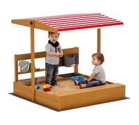 Outsunny Arenero para Niños de Madera con Techo Ajustable, Arenero Infantil con Juguetes de Cocina, Estante y 2 Asientos, Juego para Niños de 3-7 Años, para Patio, Jardín, 114x110x110 cm, Marrón