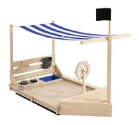 Outsunny Arenero para Niños de Madera con Toldo 180x103x144,5 cm Natural | Arenero Infantil, Volante, Juguetes de Cocina, Forma de Barco Pirata, para Patio Jardín