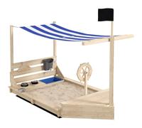 Outsunny Arenero para Niños de Madera Arenero Infantil con Toldo Volante Juguetes de Cocina y Forma de Barco Pirata para Patio Jardín 180x103x144,5 cm Natural