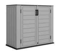 Outsunny armario de exterior de hdpe, 940l, caseta de jardín exterior con tapa abatible, 2 puertas, cerradura, cobertizo de jardín para almacenaje herramientas, 142x67x119 cm, gris claro 119 cm