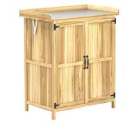 Outsunny armario de exterior de madera, caseta de jardín exterior con techo abatible de acero inoxidable, estante, 2 puertas, cobertizo de jardín para almacenamiento herramientas, 74x43x88 cm, natural
