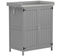 Outsunny Armario de jardín, armario de herramientas para exterior, con superficie de trabajo, madera y acero inoxidable, puertas dobles, Gris