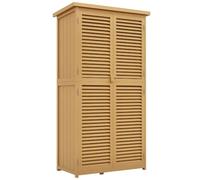 Outsunny Armario de jardín de madera, cobertizo con techo de asfalto, puerta de lamas, armario de jardín, 4 compartimentos, color amarillo claro, 87 x 46,5 x 160 cm