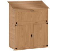 Outsunny Armario Exterior de Madera con Mesa Abatible, Armario de Herramientas con Techo, 110 x 54 x 136 cm, Madera de Pino, Marrón Aosom España