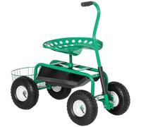 Outsunny Asiento de Jardín con Ruedas, Altura Ajustable, Asiento Giratorio | Taburete de Jardinería con Ruedas Neumáticas, Bandeja de Herramientas y Cesta, para Patio y Exterior, Carga 150 kg