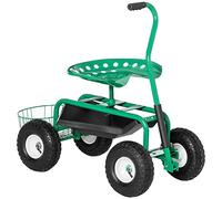Outsunny Asiento de Jardín con Ruedas, Taburete de Jardinería con Asiento Giratorio y Ajustable en Altura, Ruedas Neumáticas, Bandeja de Herramientas y Cesta, Carga 150 kg para Patio, Exterior, Verde