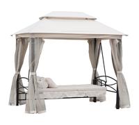 Outsunny Balancín de Jardín 3 Plazas Convertible Estilo Colonial Gran Confort 2 Cojines + Colchón + Mosquiteras Incluidos Negro Beige