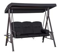Outsunny Balancín de Jardín Exterior de 3 Plazas Columpio de Jardín Exterior con Toldo Curvo 2 Bandejas Laterales y 2 Almohadas de Brazo para Balcón Terraza Patio Carga 360 kg 206x116x183 cm Negro
