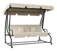 Outsunny Balancín de Jardín Exterior de 3 Plazas Columpio de Jardín Exterior Convertible en Cama 2 en 1 con Toldo Ajustable Soportes Laterales y 2 Almohadas Carga 340 kg 200x120x164 cm Crema