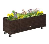 Outsunny Bancal Alto con Ruedas Caja Plantas 94.5x31x36 cm Café Marrón | Poly ratán, con agujeros de drenaje, caja de flores, maceta