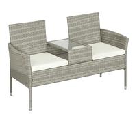Outsunny Banco de exterior de 2 plazas con mesa de café central, sofá de jardín de acero, ratán PE y poliéster, 137 x 59 x 82 cm, gris y crema