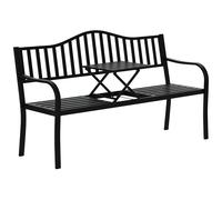 Outsunny Banco de jardín de metal para 2-3 personas, banco de exterior con mesa elevable, respaldo con listones y reposabrazos, para balcón exterior y patio, 150 x 58,5 x 90 cm, negro