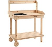 Outsunny Banco de jardín para macetas, estación de Trabajo de Madera, Banco de Trabajo para Plantar al Aire Libre con 2 Ruedas, Fregadero, cajón y Grandes Espacios de Almacenamiento, 92 x 45 x 119 cm