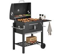 Outsunny Barbacoa de Carbón con Tapa Brasero Ajustable 113x65x108 cm Negro | Con Ruedas, Parrillas de Acero Inoxidable, Termómetro, Bandeja Lateral y Estante