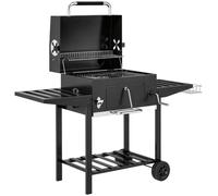 Outsunny Barbacoa de Carbón Portátil, Bandeja Ajustable, Tapa, Negro | Estantes Plegables, Termómetro, Chimenea, Ventilaciones, Cajón de Cenizas, Ruedas