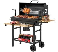 Outsunny Barbacoa de Carbón Portátil, Barbacoa Carbón Barril Móvil con Asador Eléctrico, Estantes Plegables, Rejilla de Calentamiento, Termómetro, Ventilaciones Ajustables, Recoge Cenizas, Ruedas, Asa