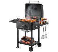 Outsunny Barbacoa de Carbón Portátil, Barbacoa de Carbón con Bandeja y Ventilación Ajustable, Gran Parrilla, Estantes Laterales, Termómetro, Tapa, Chimenea, Cajón de Cenizas, Ruedas, Puerta, Negro