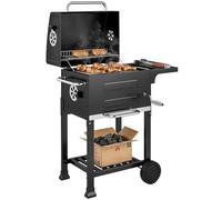 Outsunny Barbacoa de Carbón Portátil, Barbacoa de Carbón con Termómetro, Ventilación Ajustable, Parrilla de Acero Inoxidable, Estante Lateral, Tapa, Bandeja Cenizas, Ruedas, Estante Inferior, Negro