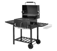 Outsunny Barbacoa de Carbón Portátil, Barbacoa de Carbón Móvil con Bandeja Ajustable, Estantes Plegables, Termómetro, Tapa, Chimenea, Ventilaciones, Cajón de Cenizas, Ruedas, Cesta Lateral, Asa, Negro