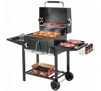 Outsunny Barbacoa de Carbón Portátil, Barbacoa de Carbón Móvil con Bandeja Ajustable, Estantes Plegables, Termómetro, Tapa, Chimenea, Ventilaciones, Cajón de Cenizas, Ruedas, Cesta Lateral, Asa, Negro