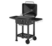 Outsunny Barbacoa de Carbón Portátil, Barbacoa de Carbón Móvil con Bandeja y Ventilación Ajustable, Estantes Laterales, Termómetro, Tapa, Cajón de Cenizas, Ruedas, Puerta Frontal, Asa, Negro