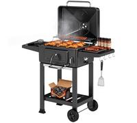 Outsunny Barbacoa de Carbón Portátil, Barbacoa de Carbón Móvil con Bandeja y Ventilación Ajustable, Estantes Laterales, Termómetro, Tapa, Cajón de Cenizas, Ruedas, Puerta Frontal, Asa, Negro