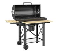 Outsunny Barbacoa de Carbón Portátil, Barbacoa de Carbón Móvil con Estantes Plegables, Termómetro, Tapa, Ventilaciones Ajustables, Recoge Cenizas, Ruedas, Asa, 109x71x98 cm, Negro y Madera Natural