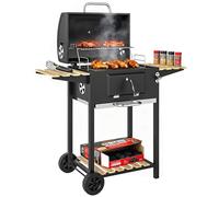Outsunny Barbacoa de carbón vegetal de acero inoxidable móvil con tapa, termómetro, parrilla ajustable y bandeja de carbón, carro de barbacoa con bandeja de madera, asa, ruedas 112 x 58 x 107 cm