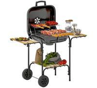 Outsunny Barbacoa de carbón vegetal de acero móvil con tapa con cerradura, parrilla con ruedas, carro de carbón con bandeja de madera, barbacoa ahumadora para camping, jardín, 98 x 54 x 91 cm, color