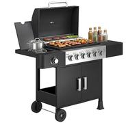 Outsunny Barbacoa de gas 6+1 quemadores, carro portátil con ruedas, rejilla de mantenimiento caliente, termómetro incorporado, estantes laterales, armario, tapa, negro