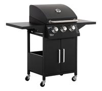 Outsunny Barbacoa de Gas BBQ 3 Quemadores 8,7 KW BBQ 121x55x109 cm Negro | Termómetro, 2 Parrillas de Gas, 2 Mesas Laterales, Armario de 2 Puertas, 4 Ruedas con Frenos, Acero