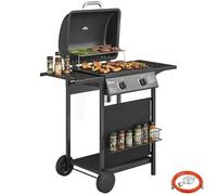 Outsunny Barbacoa de Gas BBQ Gas con 2 Quemadores 5 kW, Barbacoa Portátil con Termómetro, Mesas Laterales, Estante, Rejilla Calentadora, Encendido Piezoeléctrico, Bandeja de Grasa y 2 Ruedas, Negro