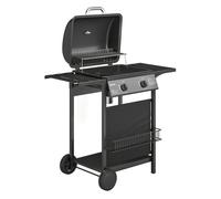 Outsunny Barbacoa de Gas BBQ Gas con 2 Quemadores 5 kW, Barbacoa Portátil con Termómetro, Mesas Laterales, Estante, Rejilla Calentadora, Encendido Piezoeléctrico, Bandeja de Grasa y 2 Ruedas, Negro