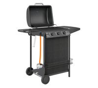 Outsunny Barbacoa de Gas BBQ Gas con 3+1 Quemadores 9,5 kW Barbacoa Portátil con Termómetro Mesa Lateral Estante Especiero Parrilla Recogedor de Grasa 2 Ruedas para Jardín Exterior Camping Negro