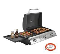 Outsunny Barbacoa de Gas BBQ Gas con 3 Quemadores 7,5 kW, Barbacoa de Mesa Portátil con Parrilla, Plancha, Estante Lateral Convertible, Termómetro, Tapa, Caja de Goteo, Patas Ajustables, Negro