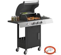 Outsunny Barbacoa de Gas BBQ Gas con 3 Quemadores 8,1 kW Barbacoa Portátil con Termómetro Mesas Laterales Armario Rejilla Calentadora Parrillas de Hierro Fundido Recogedor Grasa y 4 Ruedas Negro