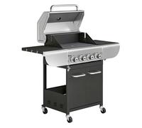 Outsunny Barbacoa de Gas BBQ Gas con 4 Quemadores 12,8 kW Barbacoa Portátil con Termómetro Mesas Laterales Armario Rejilla Calentadora Acero Parrillas de Hierro Fundido Recogedor Grasa 4 Ruedas Negro