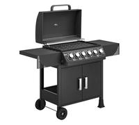 Outsunny Barbacoa de Gas BBQ Gas con 6 Quemadores 15 kW, Barbacoa Portátil con Termómetro, Mesas Laterales, Armario, Rejilla Calentadora, Parrilla, Recogedor de Grasa, 2 Ruedas y Tapa, Negro