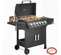 Outsunny Barbacoa de Gas BBQ Gas con 6 Quemadores 15 kW, Barbacoa Portátil con Termómetro, Mesas Laterales, Armario, Rejilla Calentadora, Parrilla, Recogedor de Grasa, 2 Ruedas y Tapa, Negro