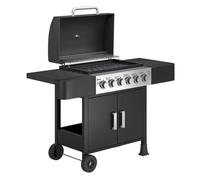 Outsunny Barbacoa de Gas BBQ Gas con 6 Quemadores 15 kW Barbacoa Portátil con Termómetro Tapa 2 Mesas Laterales Armario Rejilla Calentadora Parrilla Recogedor Grasa Asa 2 Ruedas Negro