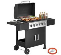 Outsunny Barbacoa de Gas BBQ Gas con 6 Quemadores 15 kW Barbacoa Portátil con Termómetro Tapa 2 Mesas Laterales Armario Rejilla Calentadora Parrilla Recogedor Grasa Asa 2 Ruedas Negro