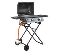 Outsunny barbacoa de gas con 2 quemadores de acero inoxidable 5,6 kw barbacoa portátil con mesas laterales plegables bandeja extraíble termómetro y 2 ruedas para pícnic camping 101x50x102 cm negro 101