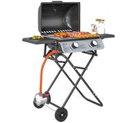 Outsunny Barbacoa de Gas con 2 Quemadores de Acero Inoxidable 5,6 KW Barbacoa Portátil con Mesas Laterales Plegables Bandeja Extraíble Termómetro y 2 Ruedas para Pícnic Camping 101x50x102 cm Negro