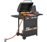 Outsunny Barbacoa de Gas BBQ Gas con 3+1 Quemadores 8,5 kW Barbacoa Portátil con Termómetro Mesa Lateral Parrilla Recogedor de Grasa 2 Ruedas para Jardín Exterior Camping Negro